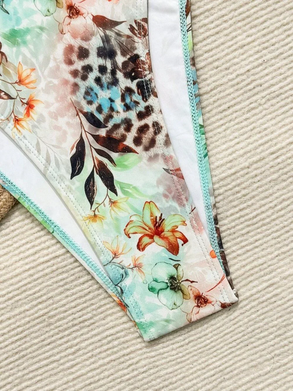 Multicolor Boho Women's Floral Leopard Print Semi-Sheer 3-Piece Set